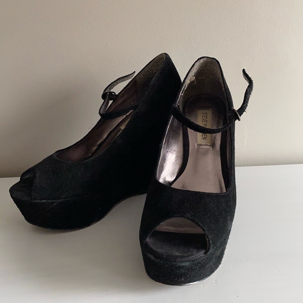 2 for $35 Steve Madden Black Suede Peep Toe Wedge